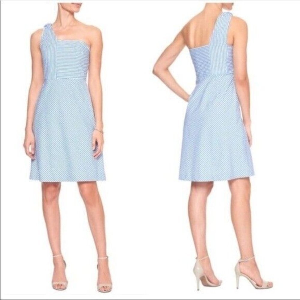 BANANA Republic blue & white striped one shoulder dress fit & flare sz. 14